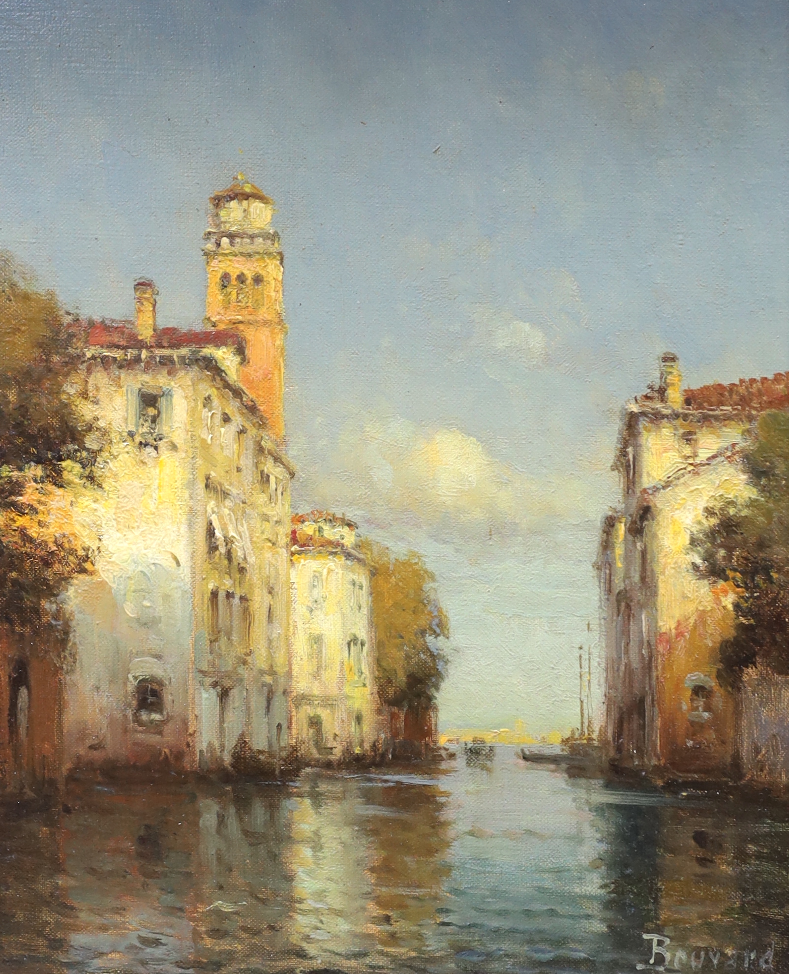 Bouvard, oil on canvas, Venetian canal, signed, details and stencil ‘GA993’ verso, 26 x 20cm, ornate gilt framed